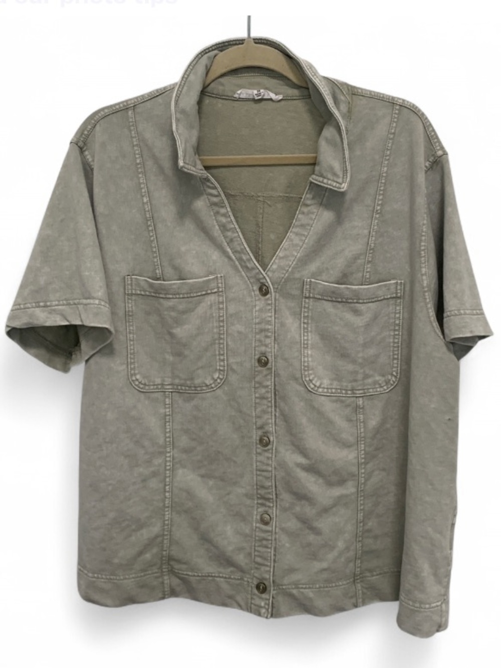 Jane + Delancey Dusty Green Acid Wash Short Sleeve Button Down Shirt